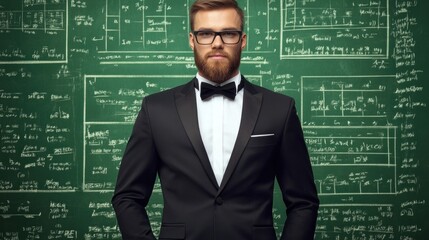 A well-groomed man with a beard and glasses is elegantly styled in a tuxedo, standing against a green chalkboard covered with intricate mathematical formulas and diagrams
