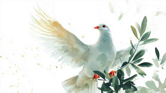 white dove of peace perched on olive branch with watercolor effect