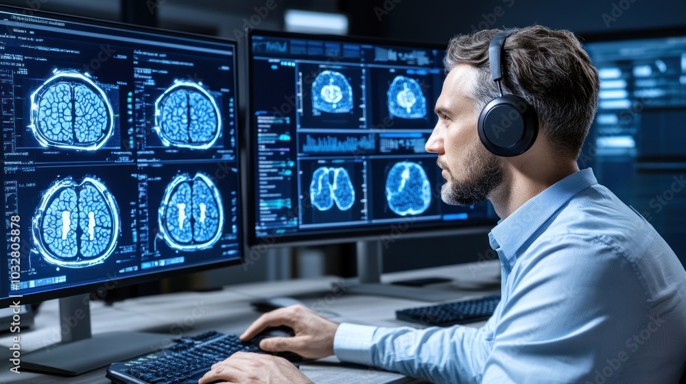 Poster a researcher is engrossed in analyzing intricate brain scans at a high-tech workstation. multiple mo