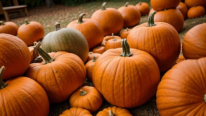 Orange pumpkins on a farm with autumn background and leaves in warm colors