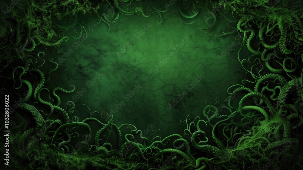 Poster a deep green backdrop is filled with twisting tendrils, creating an otherworldly setting perfect for