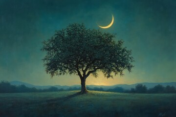 A solitary tree stands in a field under a crescent moon