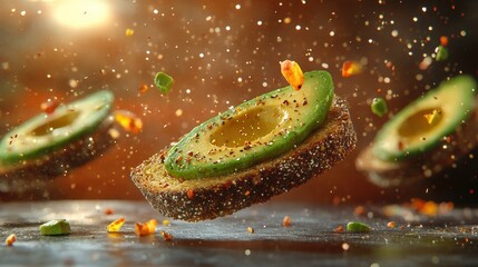 Delicious Avocado Toast Floating in Air with Sparkling Reflection on Gradient Background - Minimalist 16K Hyperdetailed Food Photography in Natural Lighting