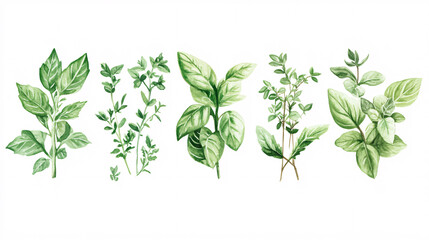 watercolor green herbs and botanical greenery illustration on white background