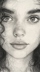 Obraz premium Portrait of a girl drawn in pencil. Close-up of the face. Curly, long hair. Big strokes