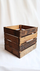 rustic wooden crate box vintage style  empty container isolated on white background