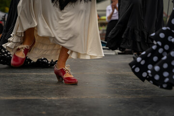 Wirujący taniec, zbliżenie na nogi tancerek flamenco. © Aneta