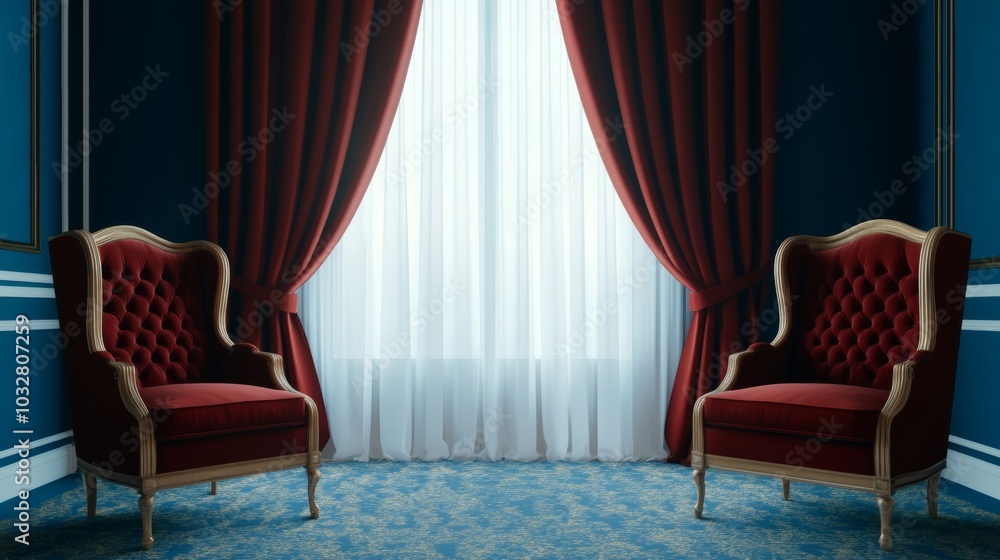 Poster dark burgundy curtains with intricate gold patterns framing a large window, letting soft light into 