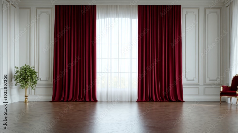 Poster dark burgundy curtains with intricate gold patterns framing a large window, letting soft light into 