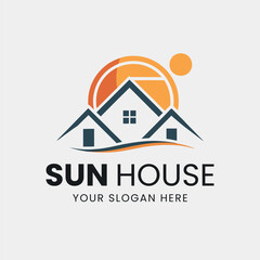 House with sun logo design concept sunrise sunset