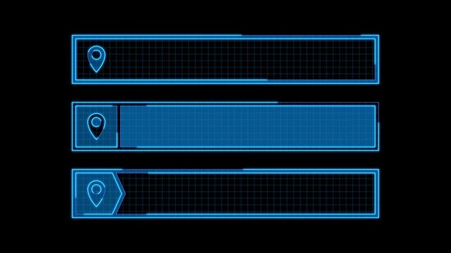 Text title box set, locate pin icon, isolated black background. 8-second video with continuous seamless loop from 1 to 7-second mark.