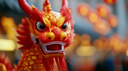 Dragon dancers performing in a colorful parade, with vibrant costumes, drums, and cymbals filling...