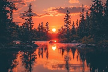 Silhouetted Trees Reflecting in a Calm Lake at Sunset