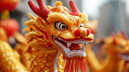 Dragon dancers performing in a colorful parade, with vibrant costumes, drums, and cymbals filling the streets, celebrating the joy of Chinese New Year 