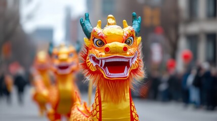 Dragon dancers performing in a colorful parade, with vibrant costumes, drums, and cymbals filling the streets, celebrating the joy of Chinese New Year 
