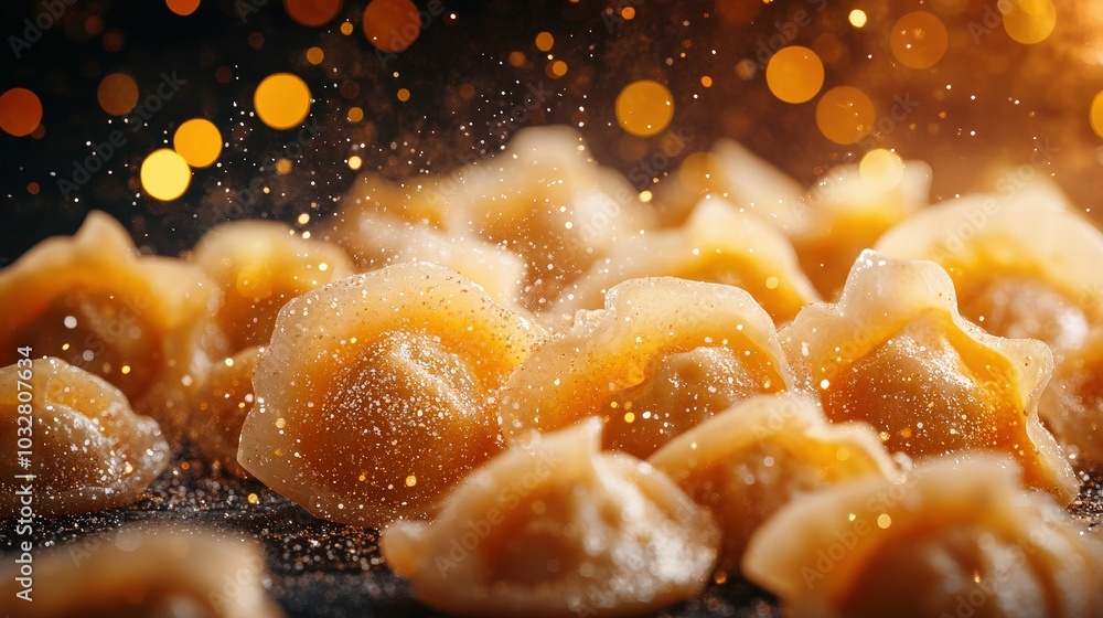 Poster ethereal dumplings suspended in air with sparkling reflection, minimalistic hyperdetail on gradient 