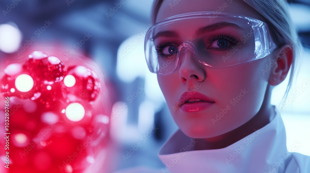 Poster futuristic scientist in a high-tech lab holding a levitating molecule model, surrounded by holograph