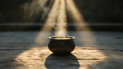Family gathered around a Pongal pot in an open courtyard, sunlight streaming in, as rice cooks on an outdoor fire to mark the festival 