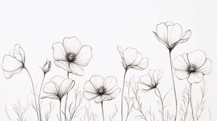 black and white line drawing of simple delicate wildflowers on white background