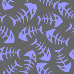 bright seamless pattern of blue graphic fish skeletons on a gray background, texture, design