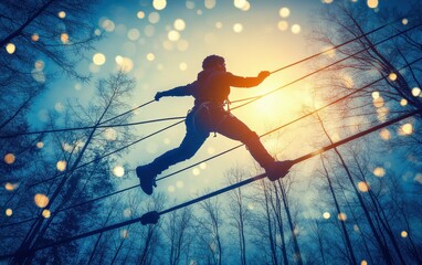 A person is jumping over a rope in the woods. The image has a sense of adventure and excitement