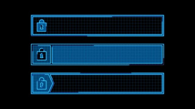 Text title box set, padlock security icon, isolated black background. 8-second video with continuous seamless loop from 1 to 7-second mark.