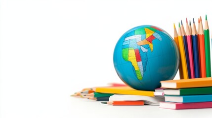 Isolated globe surrounded by school supplies like pencils, books, and rulers, on a white background, symbolizing global access to education 