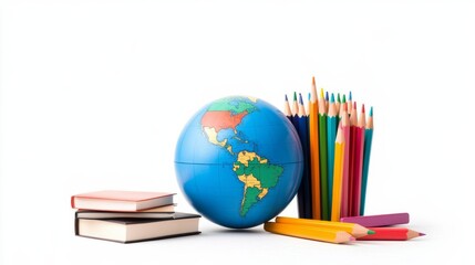 Isolated globe surrounded by school supplies like pencils, books, and rulers, on a white background, symbolizing global access to education 