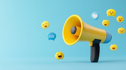 Isolated megaphone surrounded by floating emojis, chat bubbles, and notifications, symbolizing the voice of a community manager on social platforms 