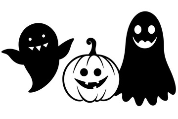 Happy Halloween with cute spooky ghosts and scary pumpkin . Holidays cartoon character silhouette .