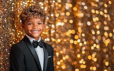 A young boy in a tuxedo is smiling for the camera. The image has a festive and celebratory mood, as the boy is dressed in formal attire and he is posing for a special occasion