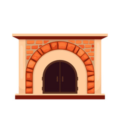 Cozy winter interior bonfire or hearth with red brick arch and iron doors. Classic fireplace made of stone in old house. Home fireplace for comfort and relaxation. Vector flat illustration