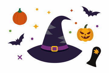 Wizard hats. Halloween spooky decorated witch hats, Halloween party costume elements flat vector illustrations set. Cartoon witchcraft hats collection.white background