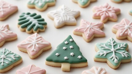 Pastel-colored Christmas cookies shaped like trees, stars, and snowflakes, decorated with light pink, mint green, and lavender icing, set on a festive table 