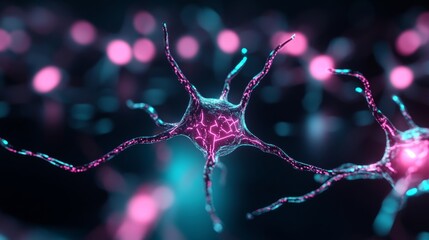 Quantum bits floating through an AI neural network, both glowing in neon lights, set against a sleek black background with empty space for text 