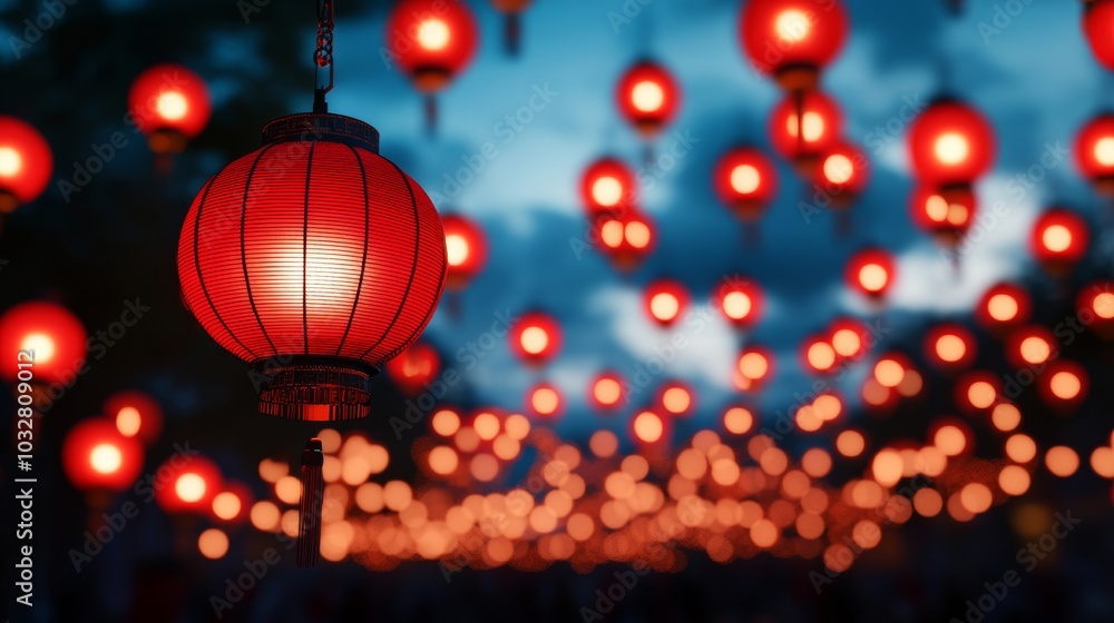 Canvas Prints Red lanterns glowing brightly in a bustling street, with dragon decorations overhead and crowds celebrating Chinese New Year under a night sky filled with fireworks 