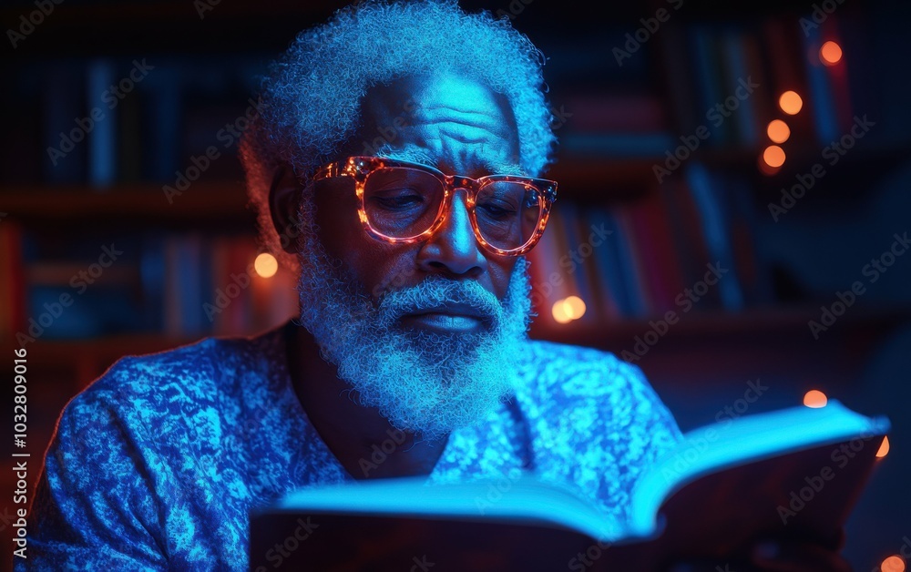 Poster a man with glasses is reading a book. the book is open to a page with a picture of a man with a bear