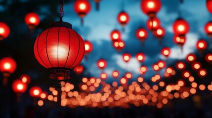 Obraz premium Red lanterns glowing brightly in a bustling street, with dragon decorations overhead and crowds celebrating Chinese New Year under a night sky filled with fireworks 