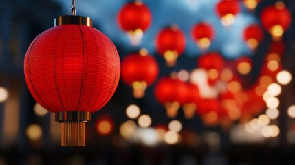 Obraz premium Red lanterns glowing brightly in a bustling street, with dragon decorations overhead and crowds celebrating Chinese New Year under a night sky filled with fireworks 