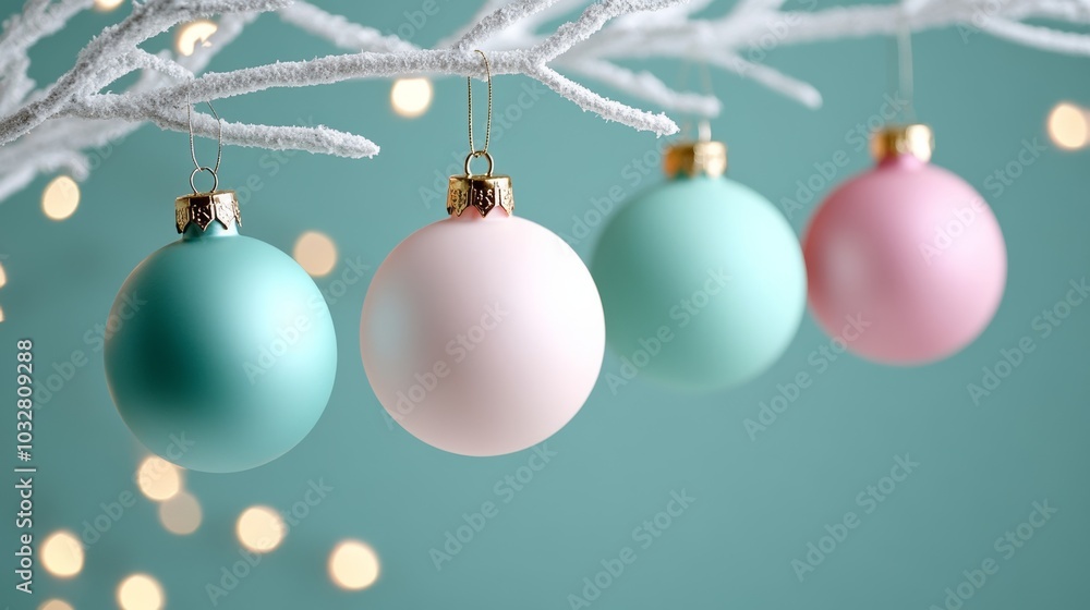 Canvas Prints Soft pastel Christmas baubles hanging from a white tree branch, with delicate fairy lights creating a dreamy holiday atmosphere 