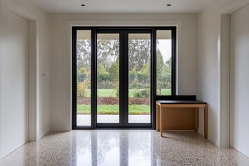 Fototapeta premium A spacious entrance features expansive glass doors leading to a landscaped garden, complemented by a simple wooden table