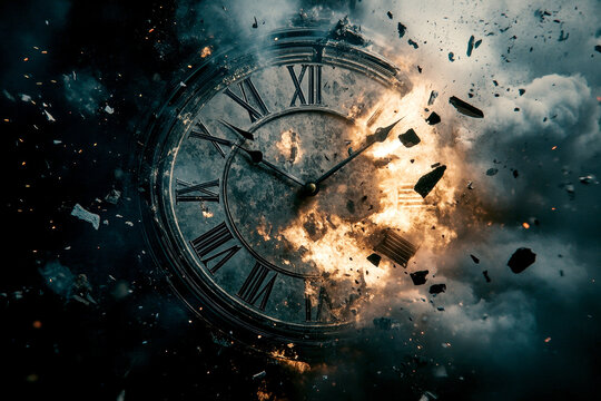 Exploding Clock Symbolizing Passage of Time