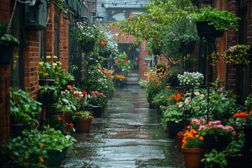 A Rain-Soaked Brick Alleyway Lined with Potted Flowers