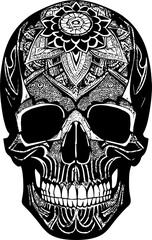 simple black graphic drawing of a human skull, logo, tattoo