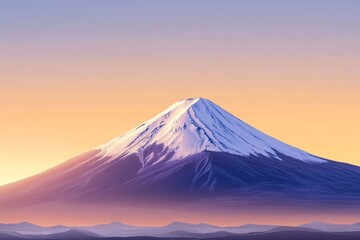 The sun rises over Mount Fuji, illuminating the snow-covered peak and casting warm colors across the sky and landscape in Japan