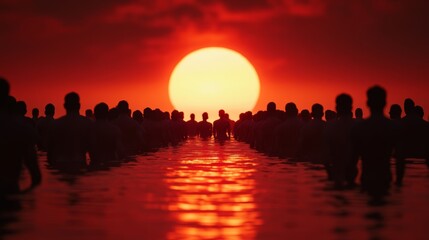 Obraz premium Sunset over a river where people are taking holy dips, with the sun’s reflection shimmering on the water, symbolizing the spiritual aspect of Makar Sankranti 