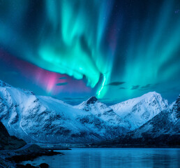 Aurora borealis over the snowy mountains, frozen sea, reflection in water at winter night in...
