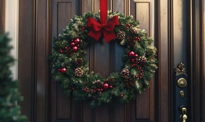 Naklejka premium Family holiday wreath hanging on a beautifully decorated front door
