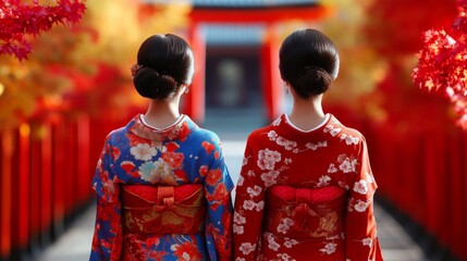 Two geishas in vibrant silk kimonos walking through a Japanese temple courtyard, surrounded by maple trees and traditional red torii gates 