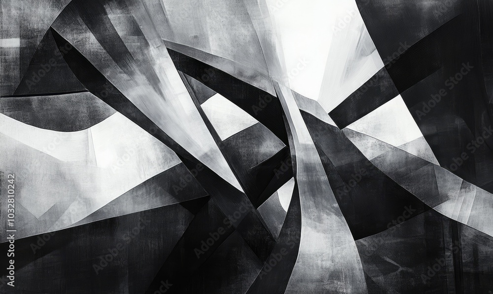 Poster abstract composition featuring sharp angular shapes in black and white, creating a dynamic contrast 